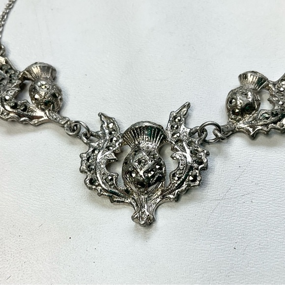 Vintage Sterling Silver Marcasite Scottish Thistle Necklace - Picture 2 of 5